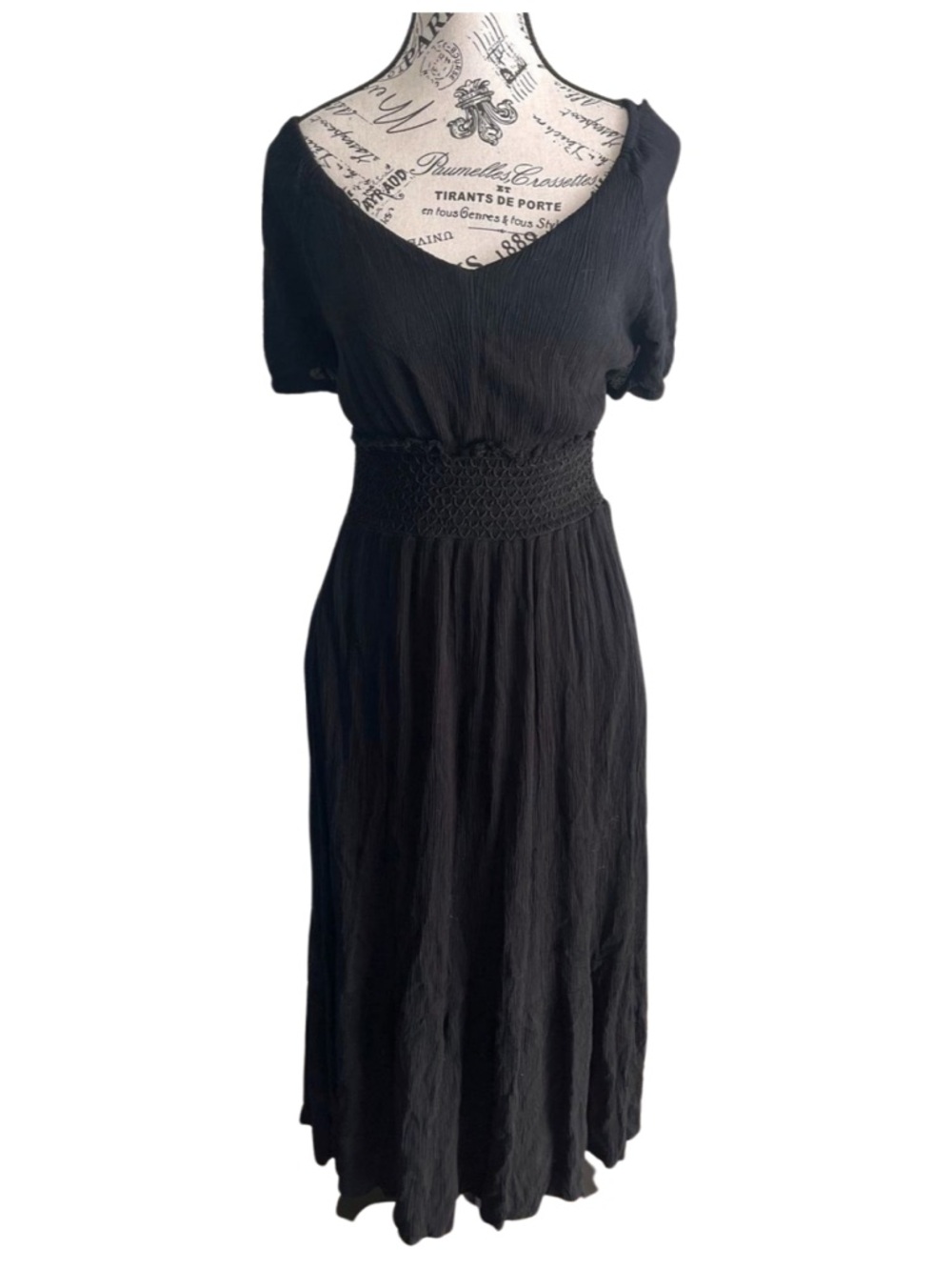 Devoted Black Midi Dress Smocked Waist Rayon India Dark Boho Witchy Western Goth